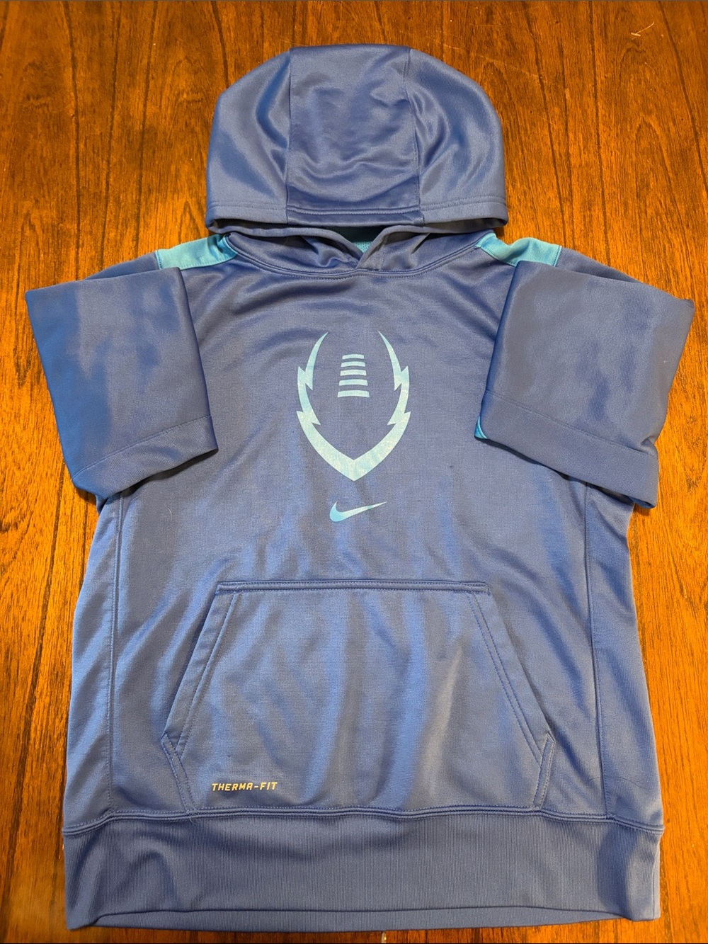 Nike Blue Hooded Short-Sleeve Performance Pullover with Aqua Logo